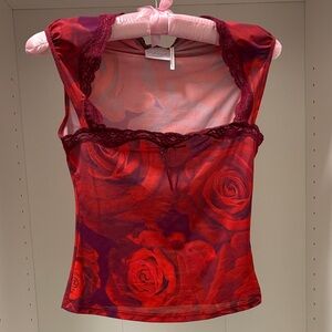 Urban Outfitters Red Rose Print Sleeveless Top with lace trim